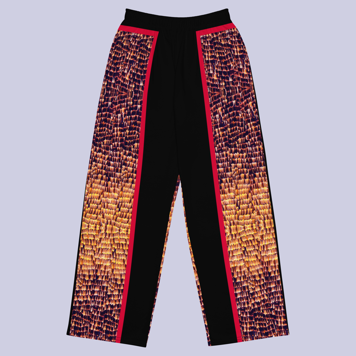 Flat front view of DESTINY unisex black and gold wide leg pants with red trims