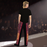 Fashion runway male model wearing DESTINY unisex black and gold wide leg pants full back view