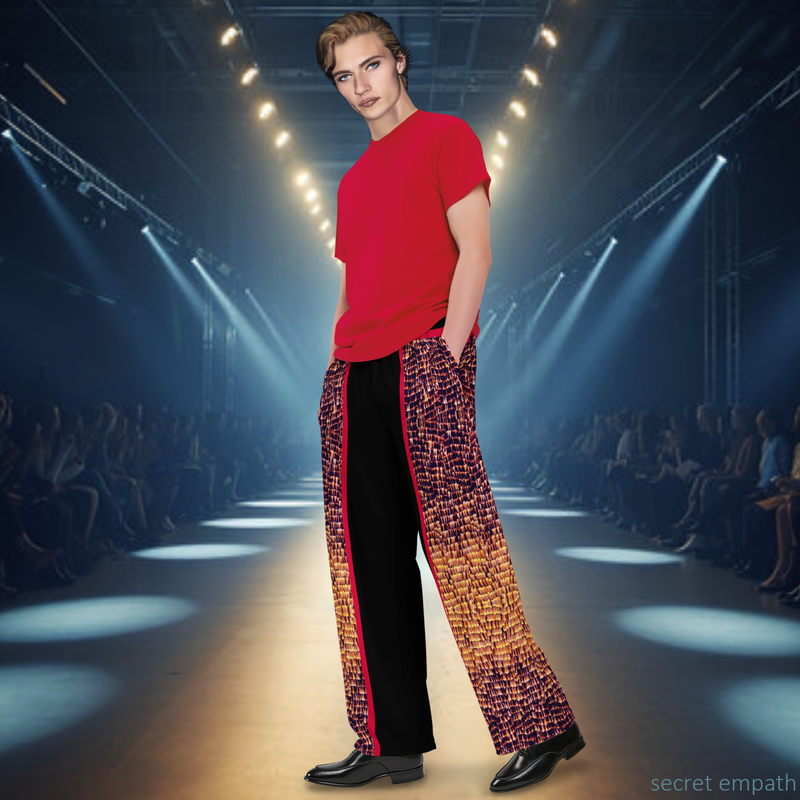 Left view on fashion runway male model wearing DESTINY unisex black and gold wide leg pants for daywear festivals or late night
