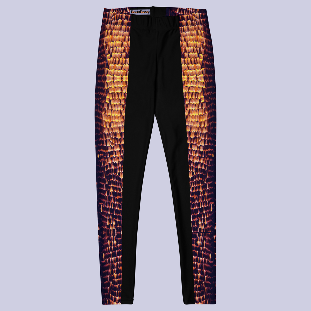 Flat front view of DESTINY black and gold leggings tight fit rave outfit