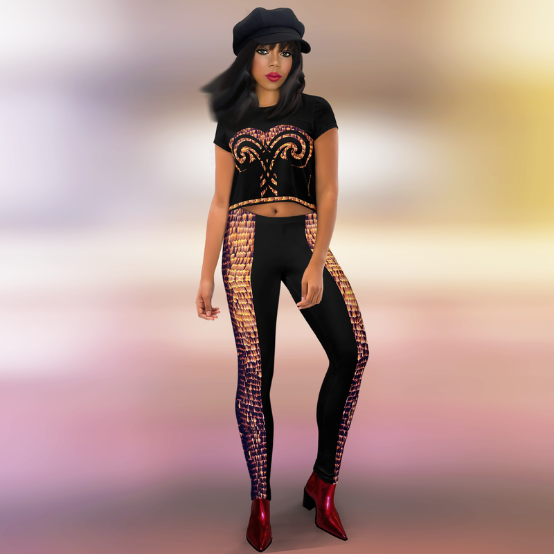 Full front view of female model wearing DESTINY black and gold leggings tight fit rave outfit