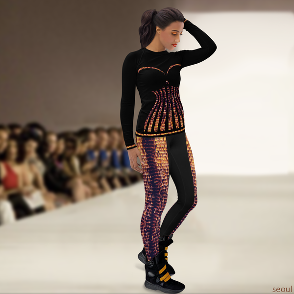 Right view of female model wearing DESTINY  black and gold leggings tight fit rave outfit on fashion runway