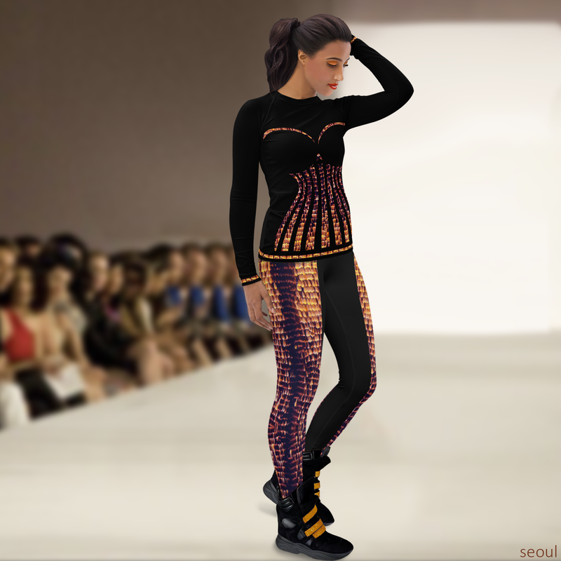 Right view of female model wearing DESTINY  black and gold leggings tight fit rave outfit on fashion runway