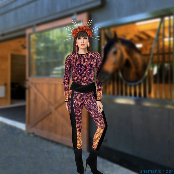 Front view of model wearing DESTINY gold copper crossover leggings with black chaps print and pockets, standing by barn with horse reaching out, western-inspired setting.