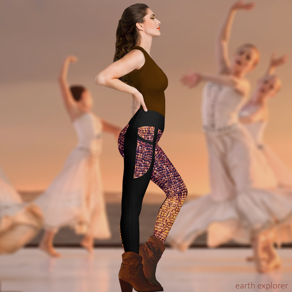 Right view of model wearing DESTINY gold copper crossover leggings with black chaps print and pockets, on stage with dancers