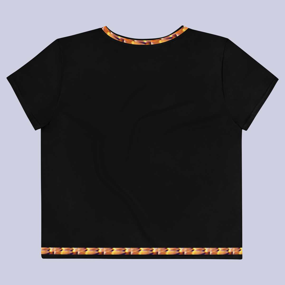 Flat back view of DESTINY black crop top with gold trims