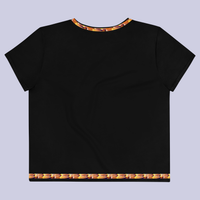 Flat back view of DESTINY black crop top with gold trims