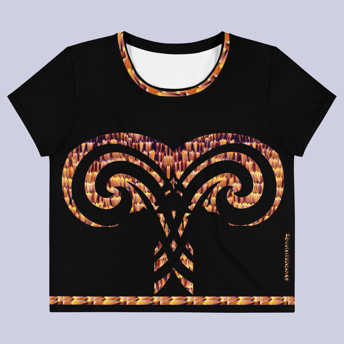 Flat front view of DESTINY black crop top with corset inspired design in gold copper tones