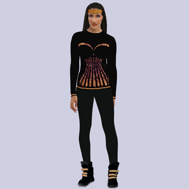 Model wearing black DESTINY long sleeve top with gold corset lines, full front view
