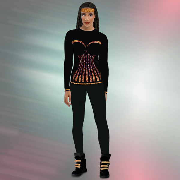 Female model wearing black DESTINY unisex long sleeve top with gold corset lines, full front view