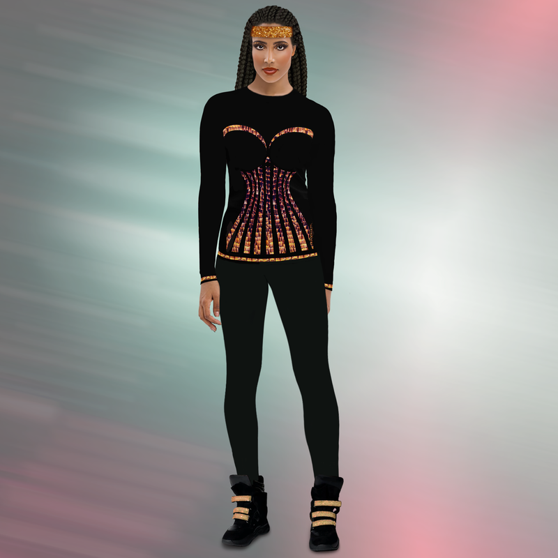 Female model wearing black DESTINY unisex long sleeve top with gold corset lines, full front view