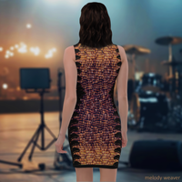Back view of model on stage in DESTINY gold copper bodycon dress with black feather side panels 
