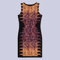 Back flat view of DESTINY gold copper bodycon dress with black feather side panels 