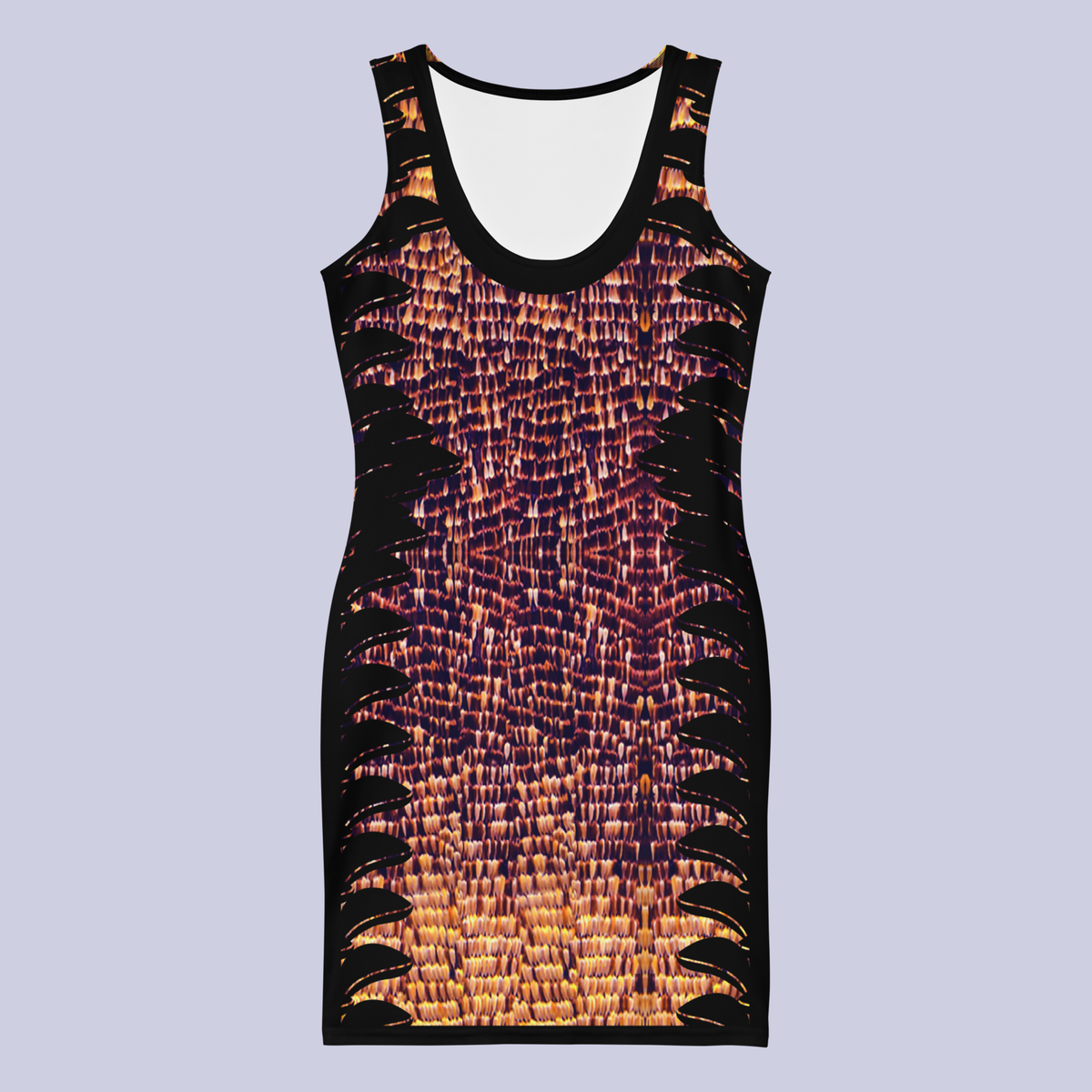 Front flat view of DESTINY gold copper bodycon dress with black feather side panels 