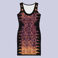 Front flat view of DESTINY gold copper bodycon dress with black feather side panels 