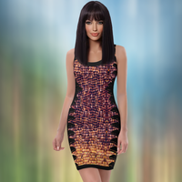 Front view of model wearing DESTINY bodycon dress in gold copper tones and black feather side panels 