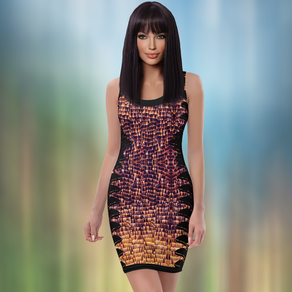 Front view of female model wearing DESTINY bodycon dress in gold copper tones and black feather side panels 