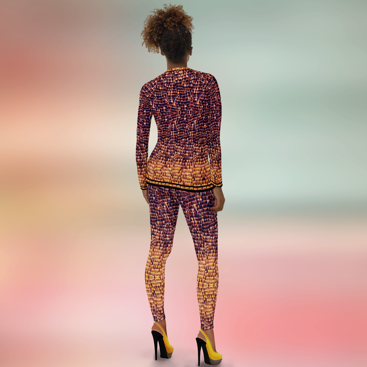 Back view of DESTINY gold copper leggings on model, perfect fitting contour with high heels