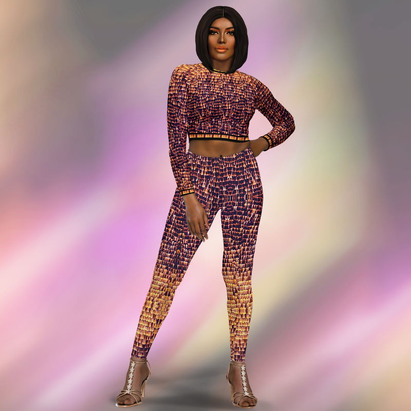 Model wearing DESTINY gold copper statement leggings, festival complete outfit, front view