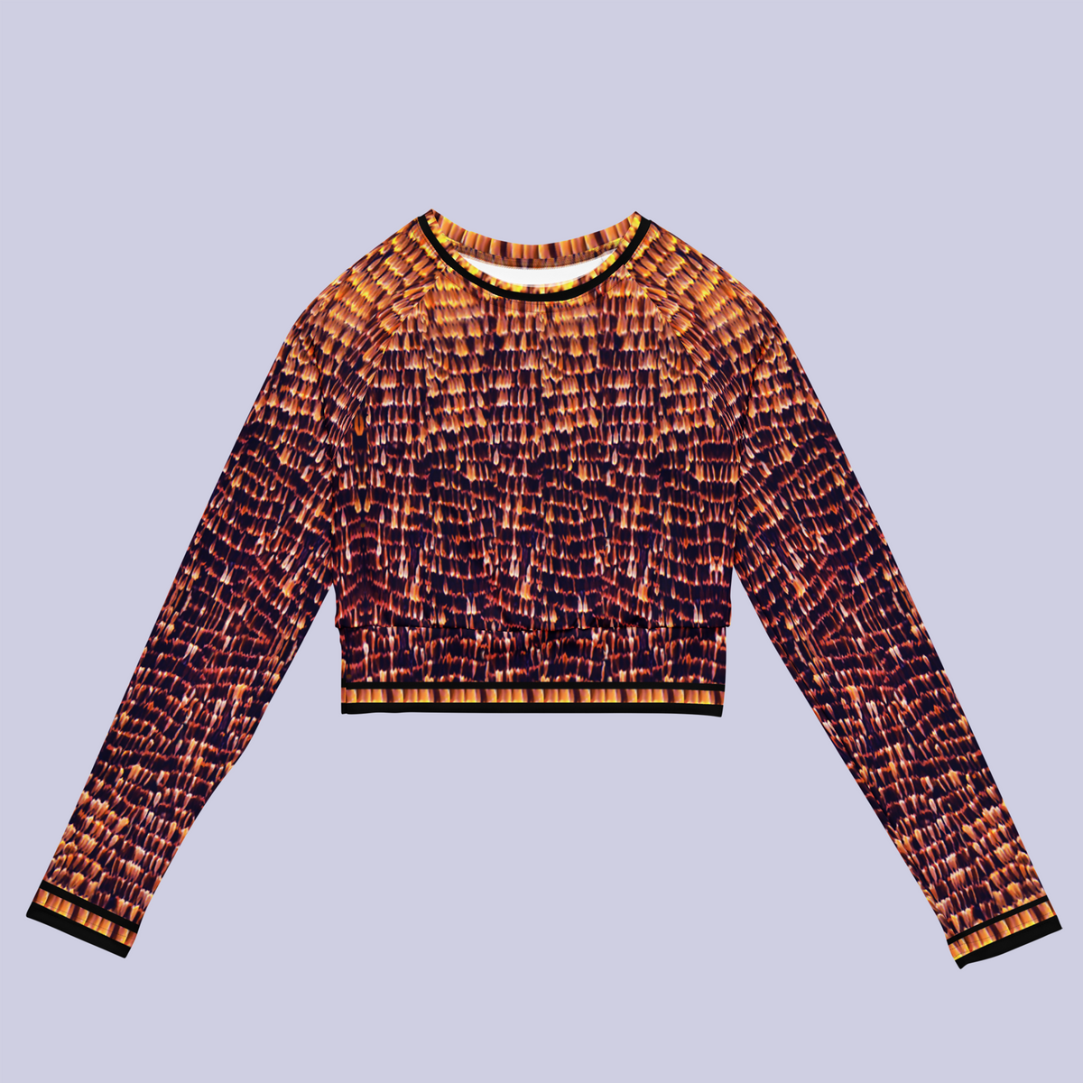 Flat front view of DESTINY gold copper long sleeve crop top
