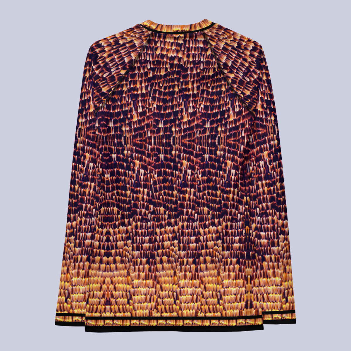 Flat back view of DESTINY gold and copper long sleeve crew top. Hip-length silhouette, fitted at the chest and waist with longer body and sleeves.