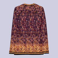 Flat back view of DESTINY gold and copper long sleeve crew top. Hip-length silhouette, fitted at the chest and waist with longer body and sleeves.