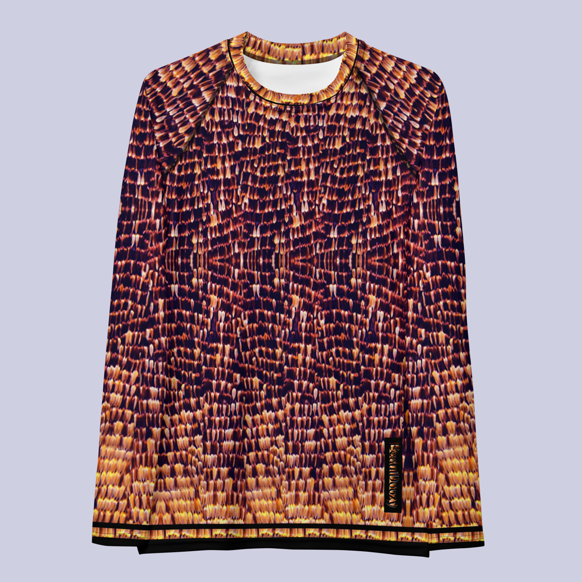 Flat front view of DESTINY gold and copper long sleeve top with crew neck. Hip-length silhouette, fitted at the chest and waist with longer body and sleeves.