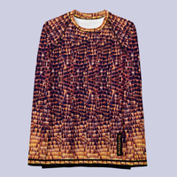 Flat front view of DESTINY gold and copper long sleeve top with crew neck. Hip-length silhouette, fitted at the chest and waist with longer body and sleeves.