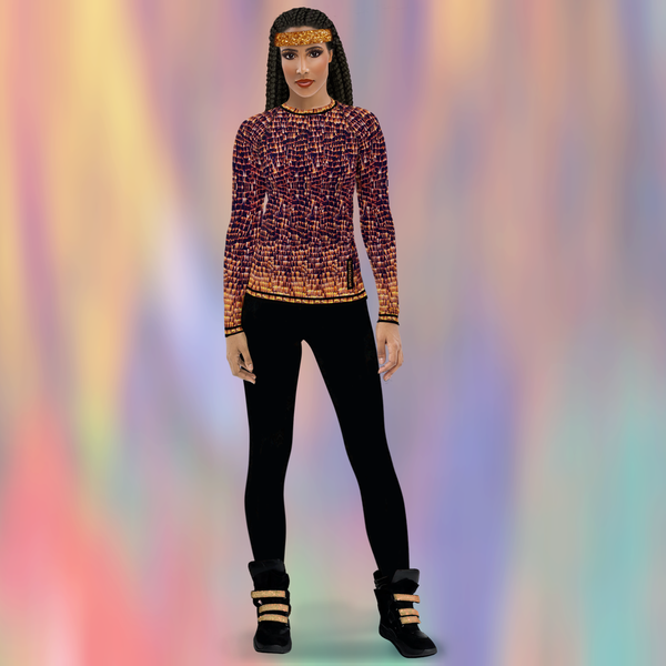 Front view of model wearing DESTINY long sleeve crew top in gold-copper tones. Fitted at chest and waist with elongated body and sleeves, hip-length silhouette. Paired with black leggings.