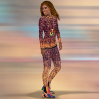Right view of model wearing DESTINY gold and copper long sleeve crew top. Hip-length silhouette, fitted at the chest and waist with longer body and sleeves. Paired with DESTINY leggings.