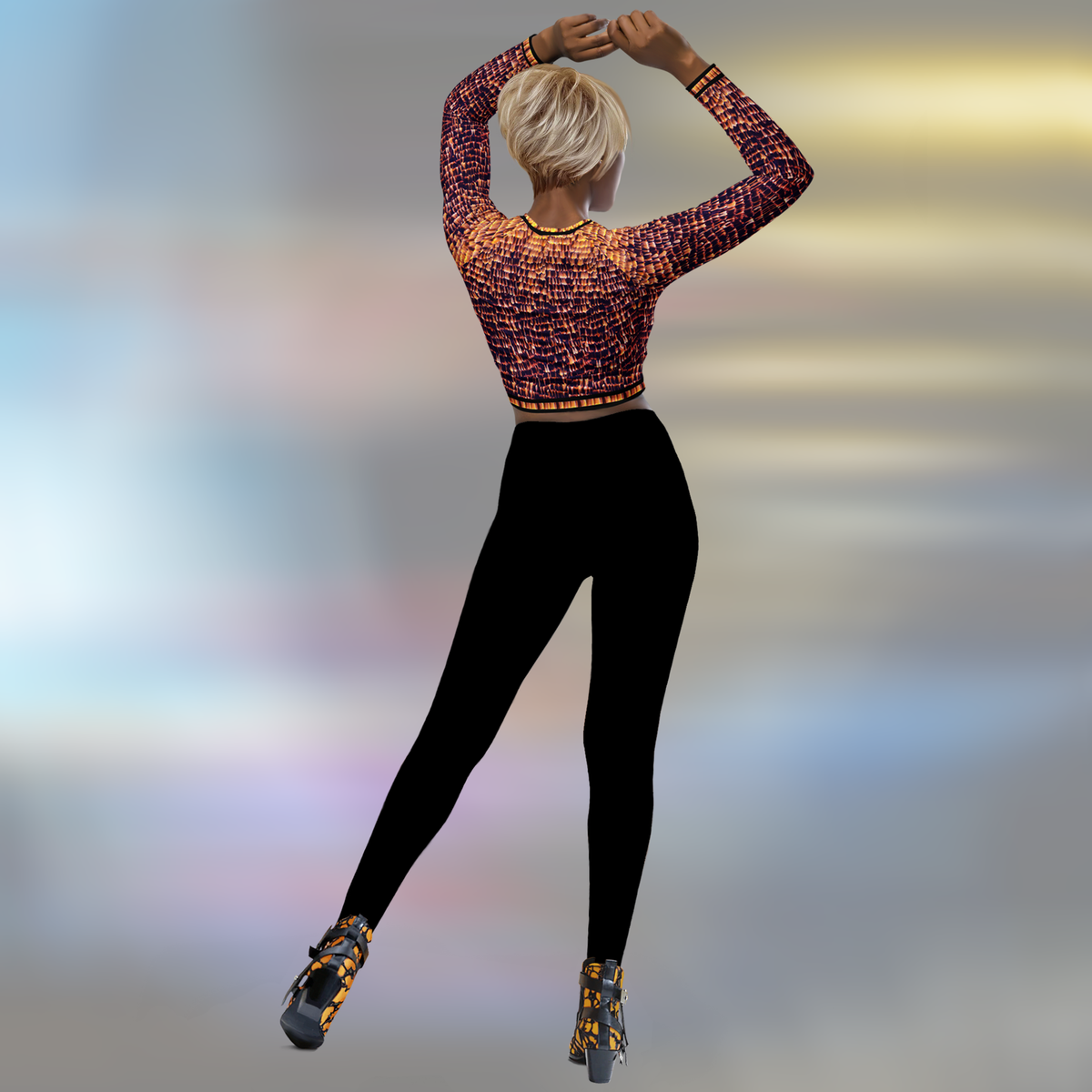 Back view of model wearing DESTINY gold copper long sleeve tight fit crop top