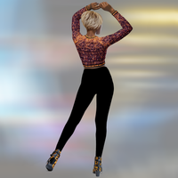 Back view of model wearing DESTINY gold copper long sleeve tight fit crop top