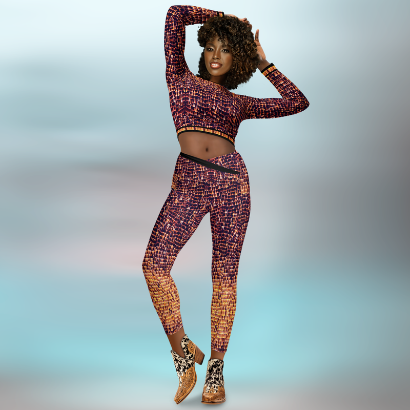Front view of model wearing DESTINY gold copper long sleeve tight fit crop top