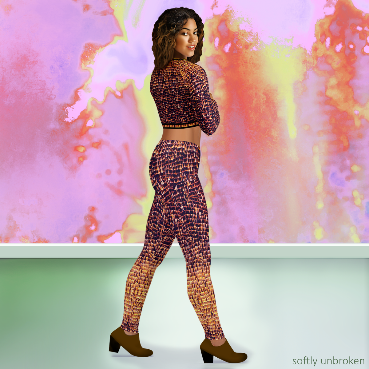 Right side view of model wearing DESTINY gold copper long sleeve tight fit crop top in an editorial shoot