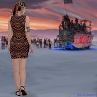 Model wearing DESTINY gold copper shell print bodycon dress, back view at desert festival