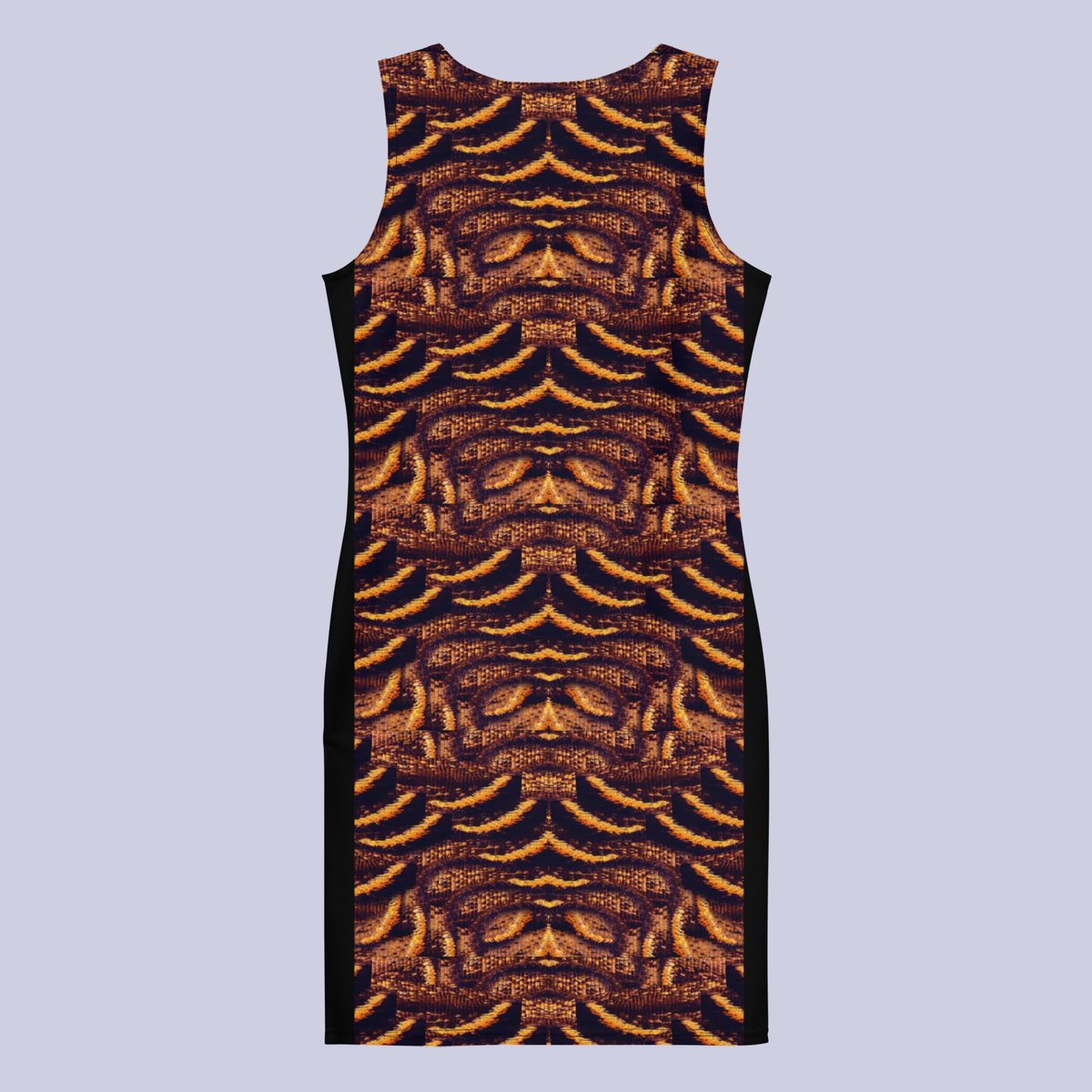 Back flat view of DESTINY gold copper shell print bodycon dress highlighting slimming side seams and above-knee length