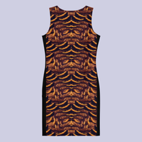 Back flat view of DESTINY gold copper shell print bodycon dress highlighting slimming side seams and above-knee length