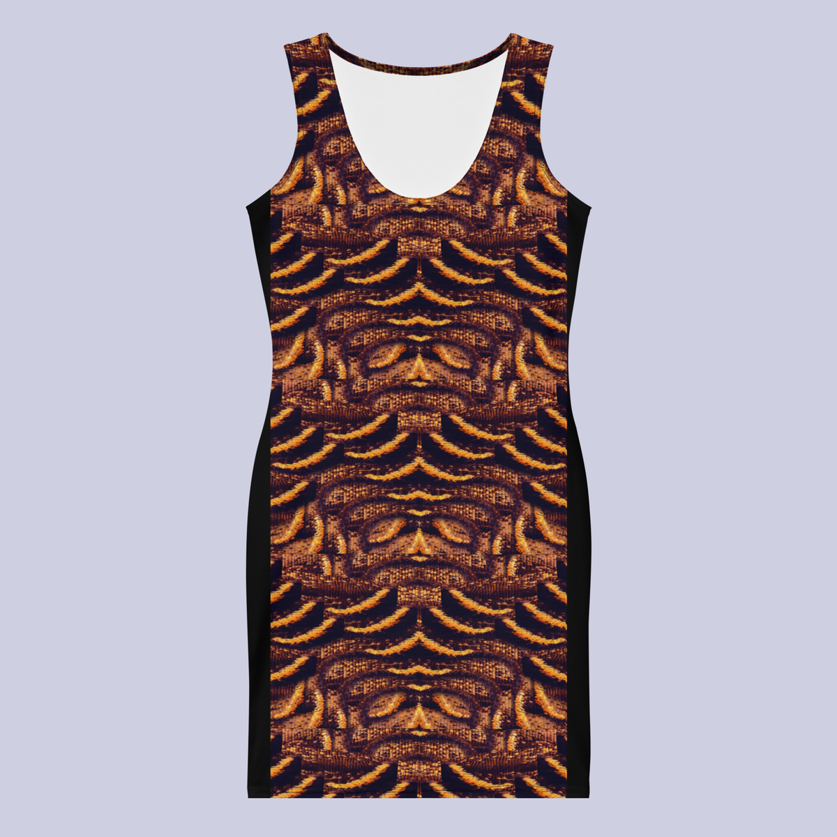 Front flat view of DESTINY gold copper shell print bodycon dress showing U-shaped neckline and above-knee length