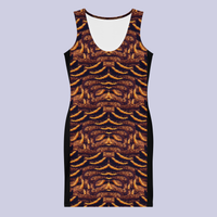 Front flat view of DESTINY gold copper shell print bodycon dress showing U-shaped neckline and above-knee length