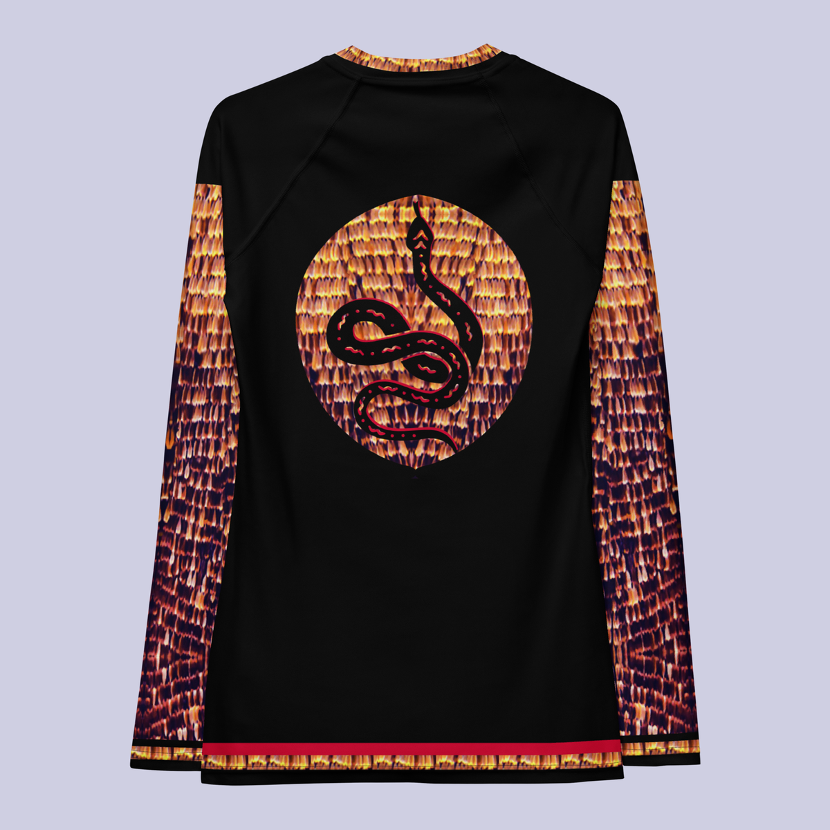 Flat back view of black DESTINY long sleeve crew top with snake design in gold copper tones