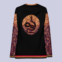 Flat back view of black DESTINY long sleeve crew top with snake design in gold copper tones