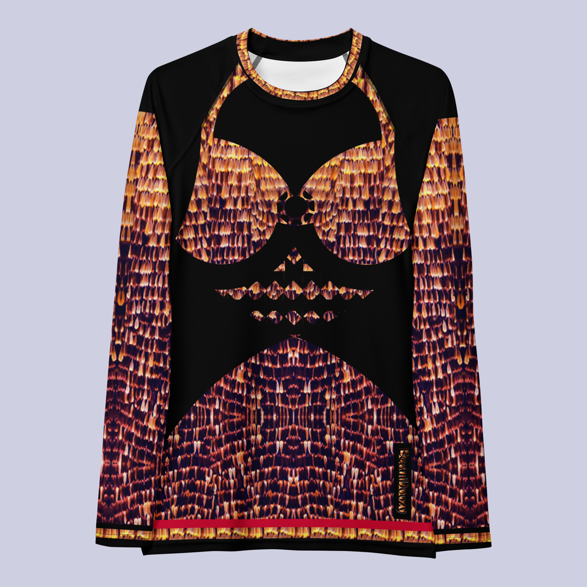 Flat front view of black DESTINY long sleeve crew top with bra design in gold copper tones