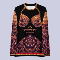Flat front view of black DESTINY long sleeve crew top with bra design in gold copper tones