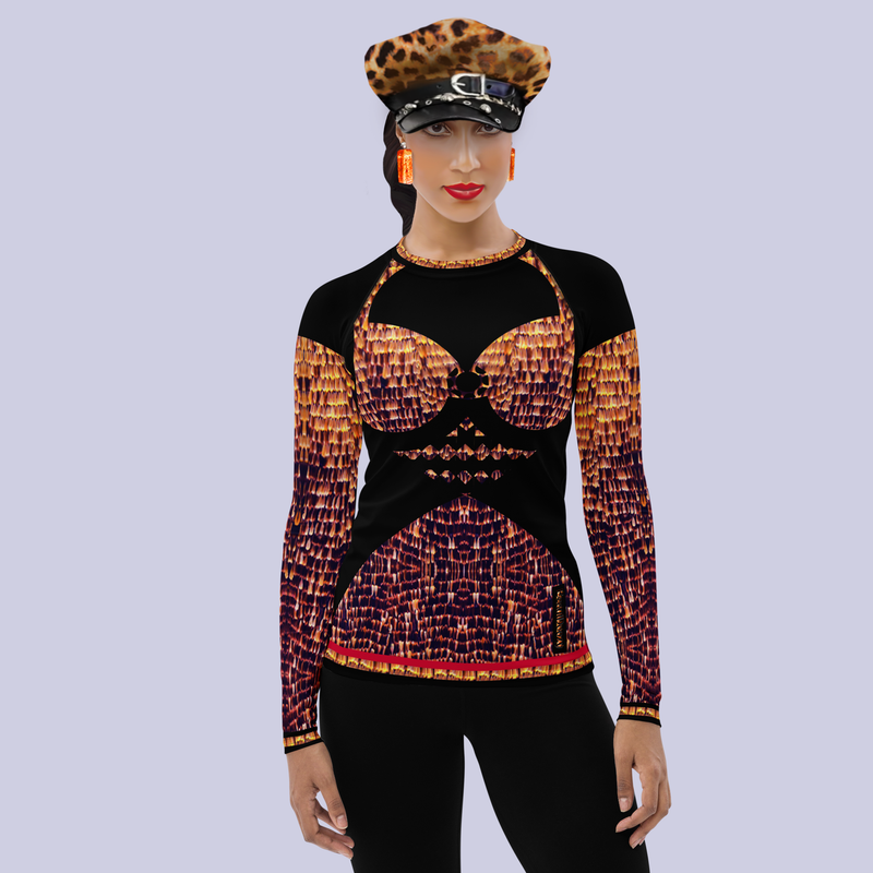Front view of model wearing black DESTINY long sleeve crew top with bra design in gold copper tones