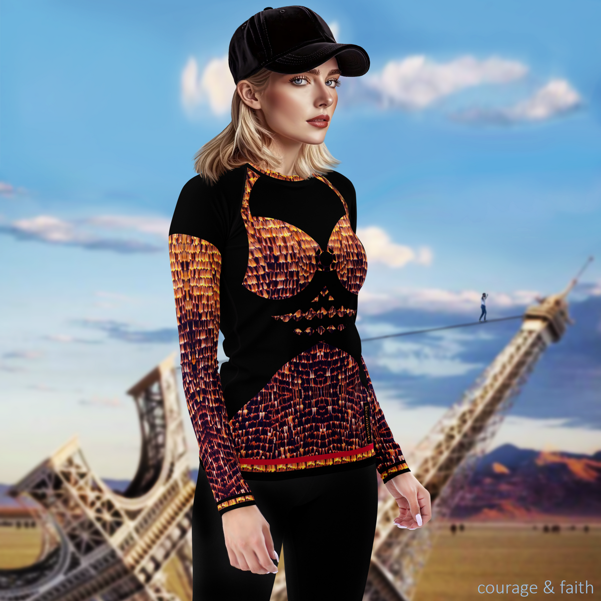 Right view of model wearing black DESTINY long sleeve crew top with bra design in gold copper tones, at a desert festival